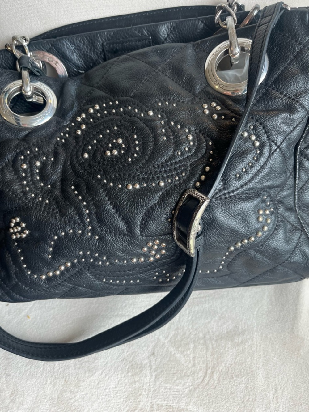 Brighton Black Leather Shoulder Bag with Studded Floral Design - Picture 2 of 7